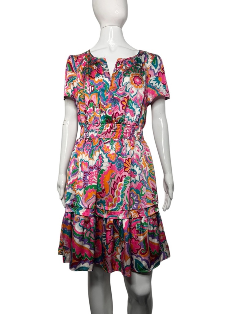 Nicole Miller Satin Jacobean Floral Tiered Cinch Waist Short Sleeve Dress M